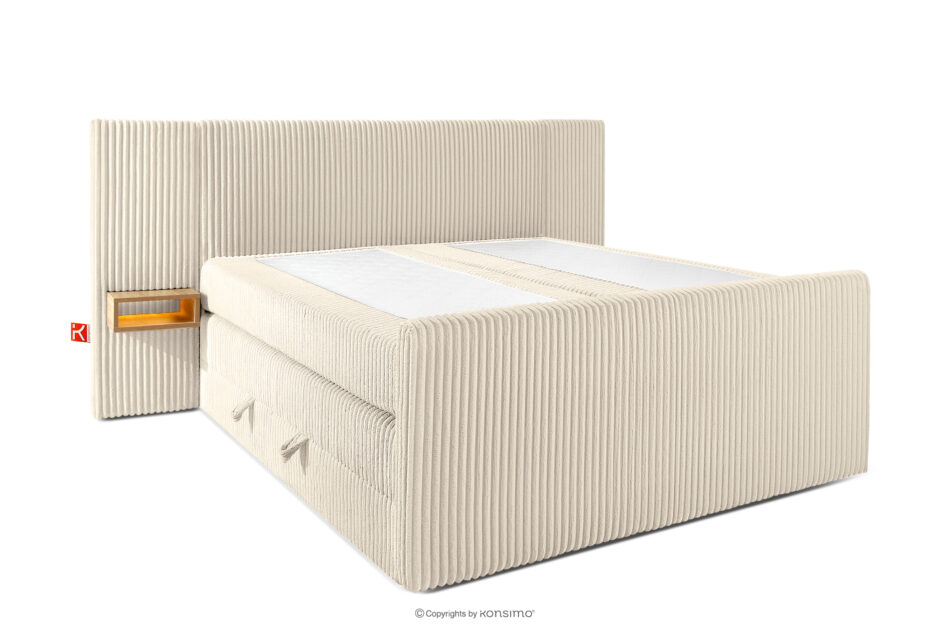 LILIUM PRO Łóżko kontynentalne z szafkami nocnymi LED średniotwarde 160 cm podwójny materac + topper Visco tkanina sztruks beżowy beżowy - zdjęcie 3