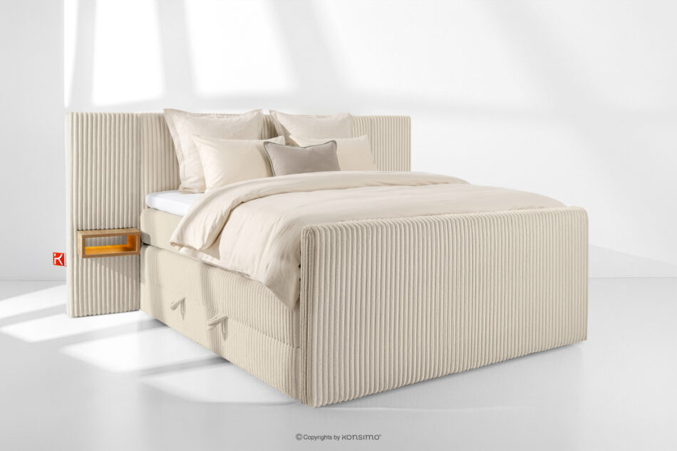 LILIUM PRO Łóżko kontynentalne z szafkami nocnymi LED średniotwarde 160 cm podwójny materac + topper Visco tkanina sztruks beżowy beżowy - zdjęcie 1