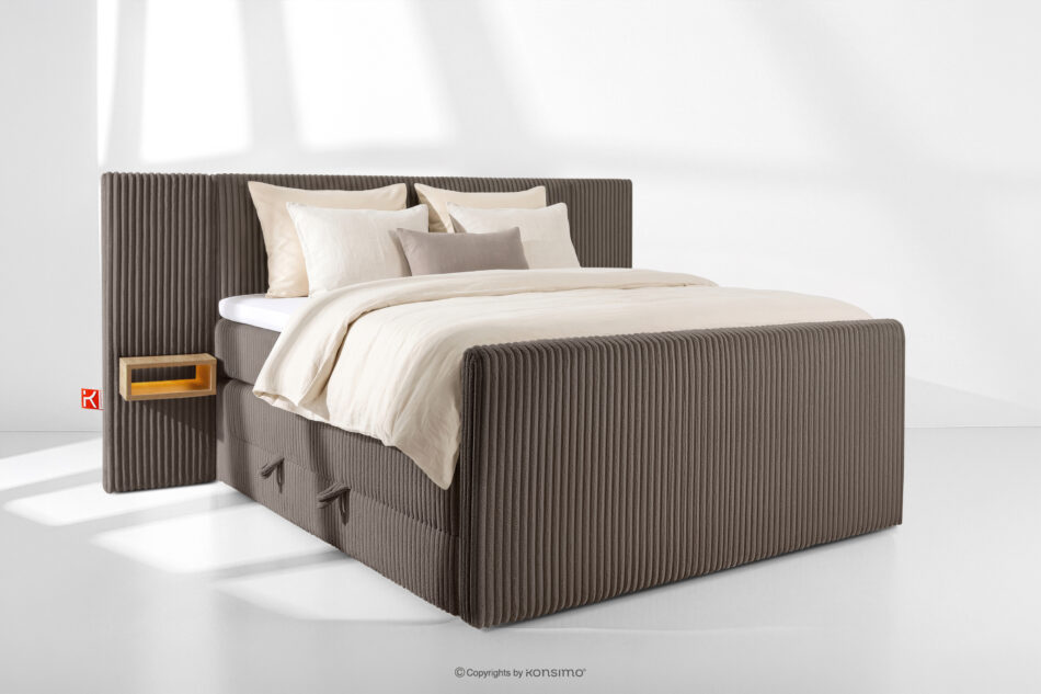LILIUM PRO Łóżko kontynentalne z szafkami nocnymi LED średniotwarde 160 cm podwójny materac + topper Visco tkanina sztruks brązowy brązowy - zdjęcie 1