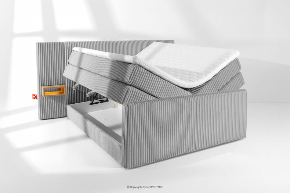 LILIUM PRO Łóżko kontynentalne z szafkami nocnymi LED twarde 160 cm podwójny materac + topper HR tkanina sztruks jasny szary jasny szary - zdjęcie 8