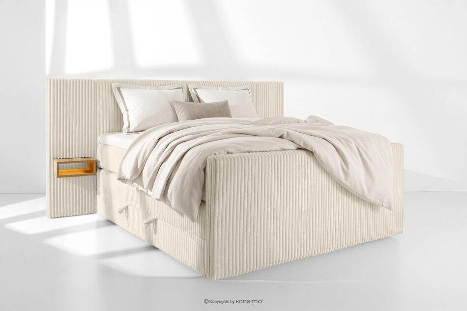 LILIUM PRO Łóżko kontynentalne z szafkami nocnymi LED twarde 160 cm podwójny materac + topper HR tkanina sztruks biały/ecru biały/ecru - zdjęcie 1