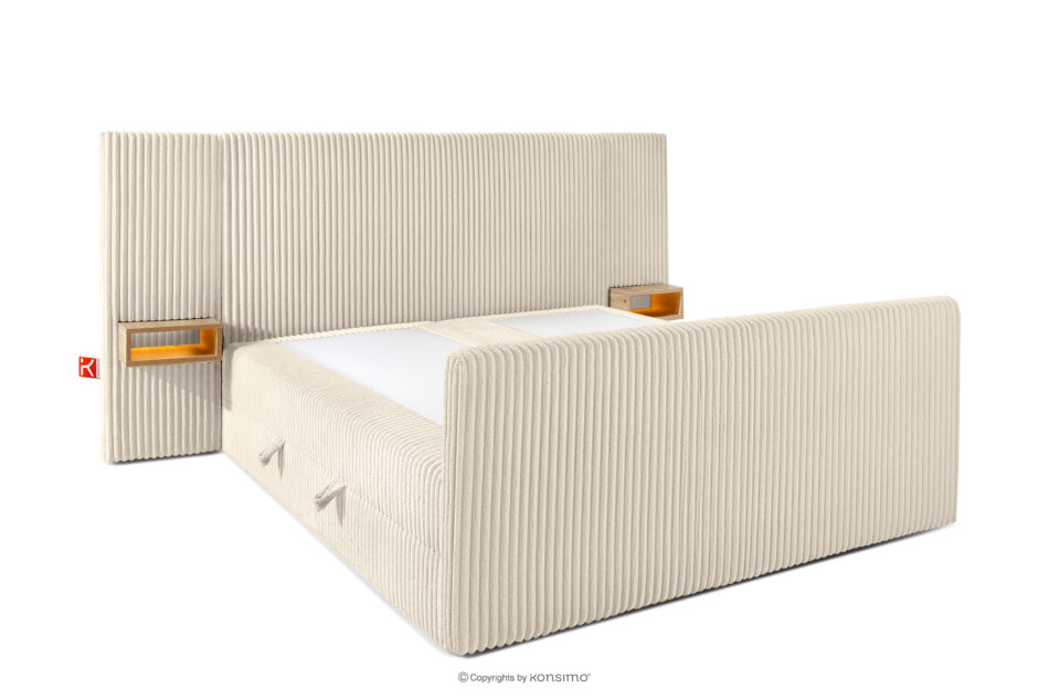 LILIUM PRO Łóżko kontynentalne z szafkami nocnymi LED twarde 160 cm podwójny materac + topper HR tkanina sztruks beżowy beżowy - zdjęcie 4