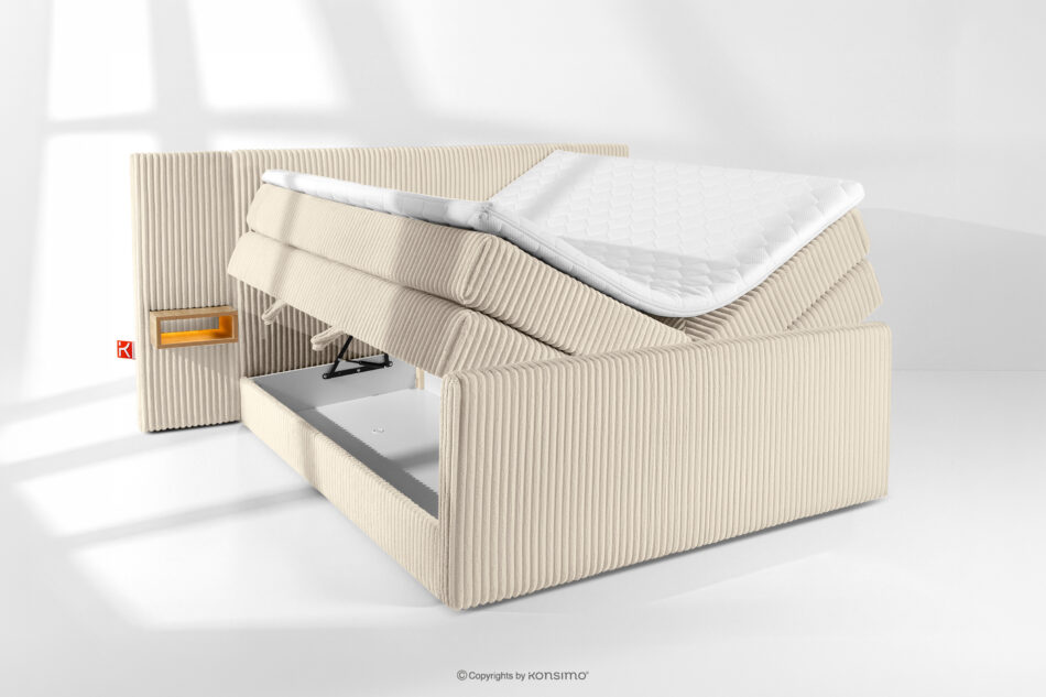 LILIUM PRO Łóżko kontynentalne z szafkami nocnymi LED twarde 160 cm podwójny materac + topper HR tkanina sztruks beżowy beżowy - zdjęcie 8