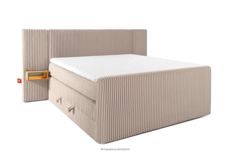 LILIUM PRO Łóżko kontynentalne z szafkami nocnymi LED twarde 160 cm podwójny materac + topper HR tkanina sztruks taupe taupe - zdjęcie 0
