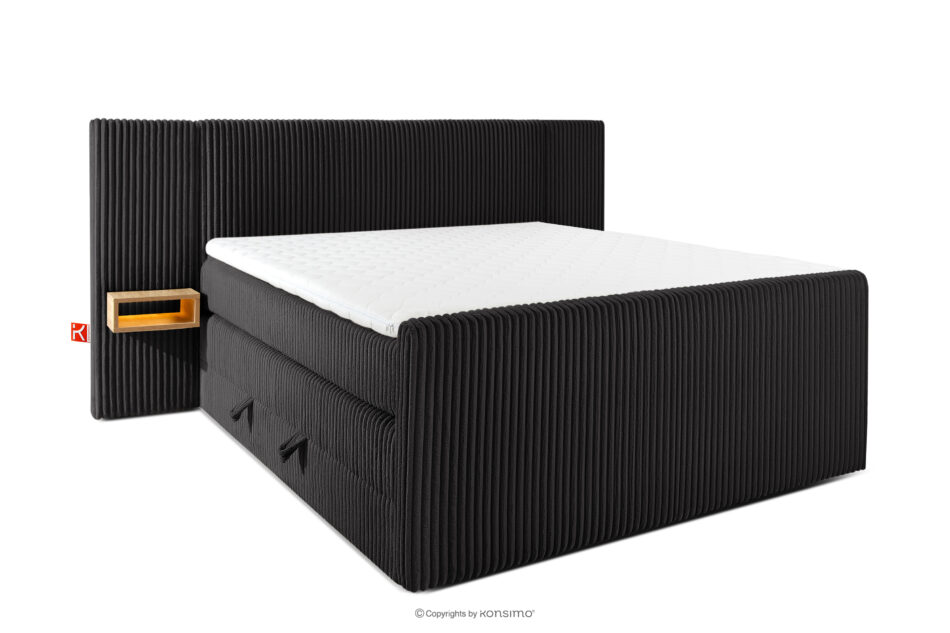 LILIUM PRO Łóżko kontynentalne z szafkami nocnymi LED twarde 160 cm podwójny materac + topper Visco tkanina sztruks czarny czarny - zdjęcie 0