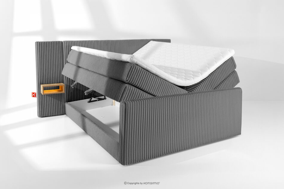 LILIUM PRO Łóżko kontynentalne z szafkami nocnymi LED twarde 160 cm podwójny materac + topper Visco tkanina sztruks szary szary - zdjęcie 8