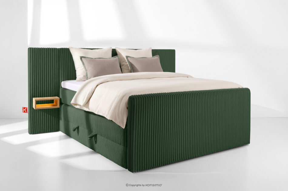 LILIUM PRO Łóżko kontynentalne z szafkami nocnymi LED twarde 160 cm podwójny materac + topper Visco tkanina sztruks ciemny zielony ciemny zielony - zdjęcie 1