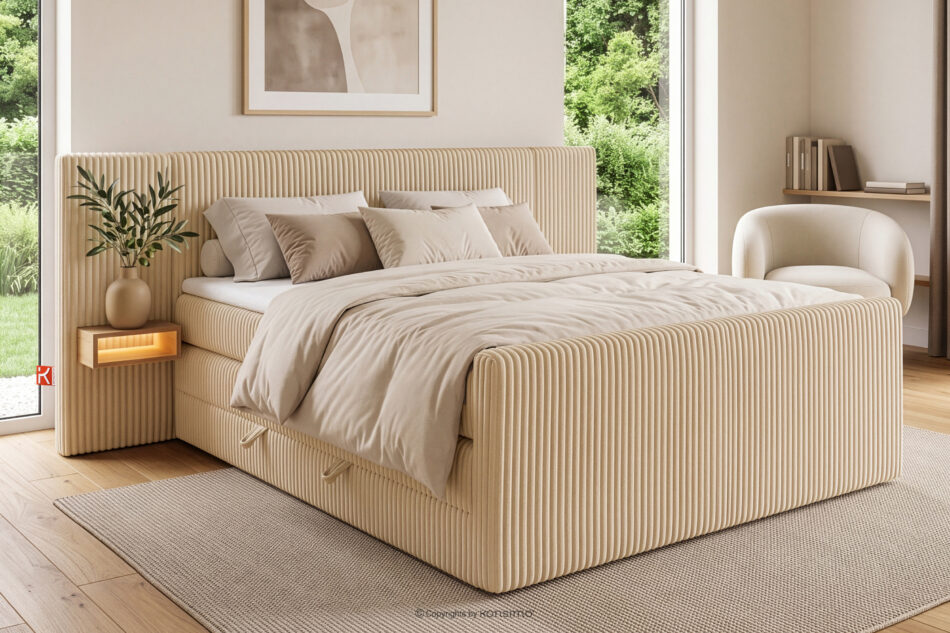 LILIUM PRO Łóżko kontynentalne z szafkami nocnymi LED twarde 160 cm podwójny materac + topper Visco tkanina sztruks piaskowy piaskowy - zdjęcie 21
