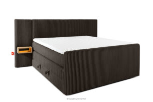LILIUM PRO, https://konsimo.pl/kolekcja/lilium-pro/ Łóżko kontynentalne z szafkami nocnymi LED twarde 160 cm podwójny materac + topper Visco tkanina sztruks ciemny brązowy ciemny brązowy - zdjęcie