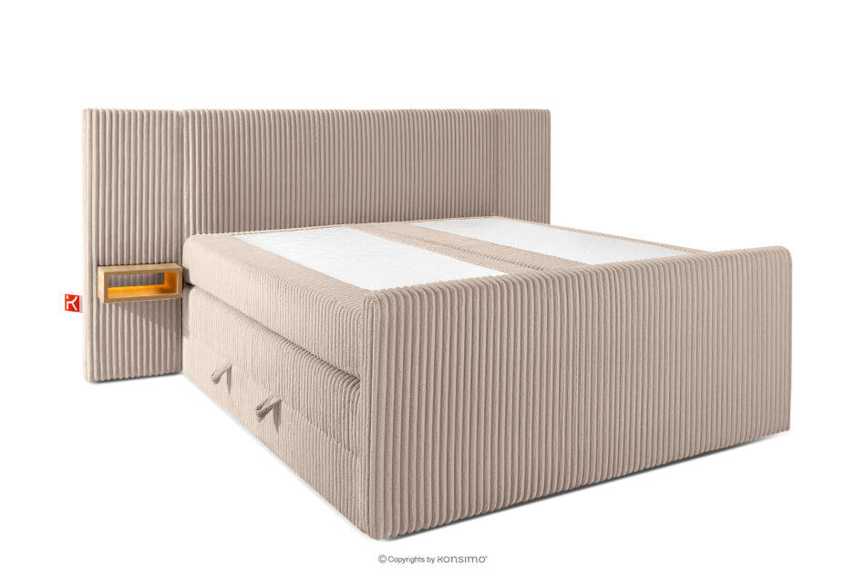 LILIUM PRO Łóżko kontynentalne z szafkami nocnymi LED twarde 160 cm podwójny materac + topper Visco tkanina sztruks taupe taupe - zdjęcie 3