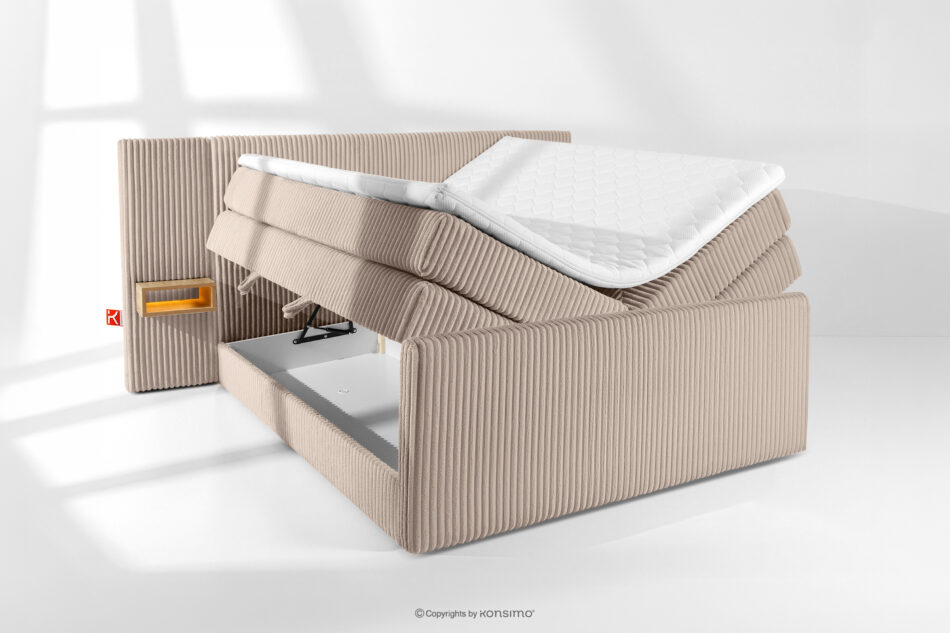 LILIUM PRO Łóżko kontynentalne z szafkami nocnymi LED twarde 160 cm podwójny materac + topper Visco tkanina sztruks taupe taupe - zdjęcie 8
