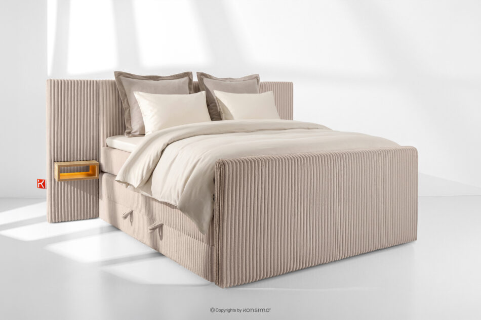 LILIUM PRO Łóżko kontynentalne z szafkami nocnymi LED twarde 160 cm podwójny materac + topper Visco tkanina sztruks taupe taupe - zdjęcie 1