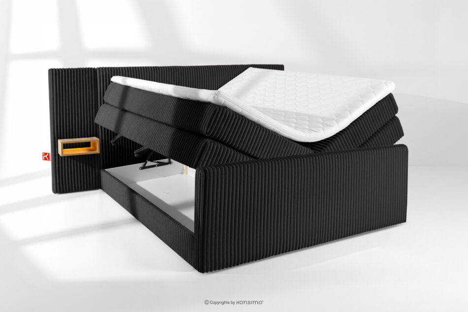 LILIUM PRO Łóżko kontynentalne z szafkami nocnymi LED średniotwarde 180 cm podwójny materac + topper HR tkanina sztruks czarny czarny - zdjęcie 8