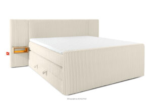 LILIUM PRO, https://konsimo.pl/kolekcja/lilium-pro/ Łóżko kontynentalne z szafkami nocnymi LED średniotwarde 180 cm podwójny materac + topper HR tkanina sztruks biały/ecru biały/ecru - zdjęcie