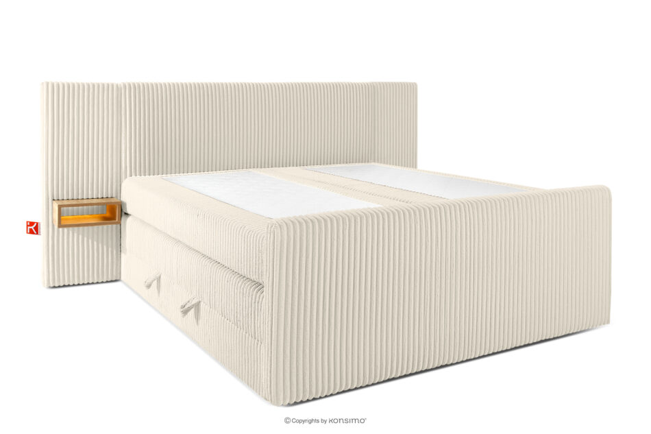 LILIUM PRO Łóżko kontynentalne z szafkami nocnymi LED średniotwarde 180 cm podwójny materac + topper HR tkanina sztruks biały/ecru biały/ecru - zdjęcie 3