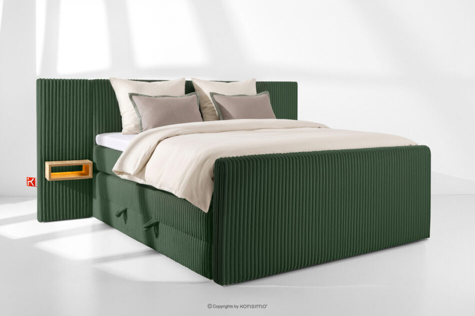 LILIUM PRO Łóżko kontynentalne z szafkami nocnymi LED średniotwarde 180 cm podwójny materac + topper HR tkanina sztruks ciemny zielony ciemny zielony - zdjęcie 1