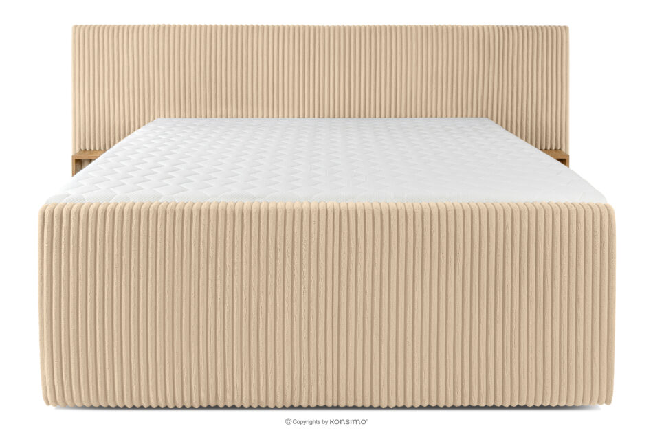LILIUM PRO Łóżko kontynentalne z szafkami nocnymi LED średniotwarde 180 cm podwójny materac + topper HR tkanina sztruks piaskowy piaskowy - zdjęcie 5