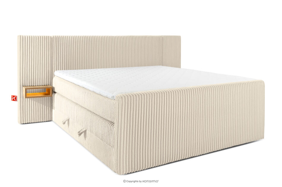 LILIUM PRO Łóżko kontynentalne z szafkami nocnymi LED średniotwarde 180 cm podwójny materac + topper HR tkanina sztruks beżowy beżowy - zdjęcie 0