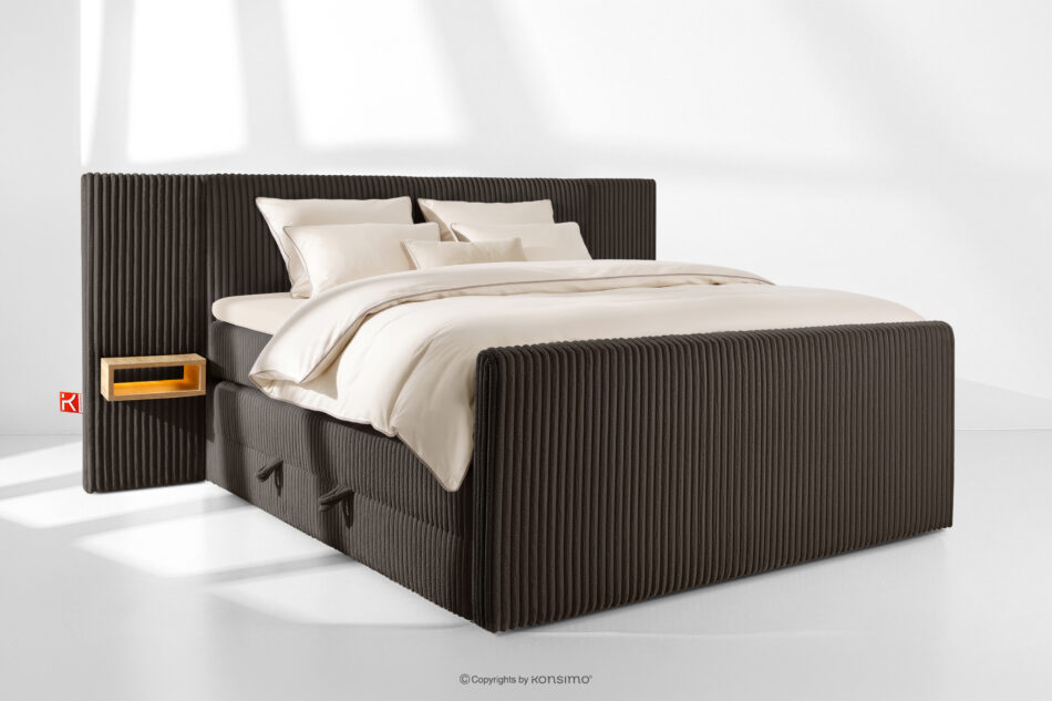 LILIUM PRO Łóżko kontynentalne z szafkami nocnymi LED średniotwarde 180 cm podwójny materac + topper HR tkanina sztruks ciemny brązowy ciemny brązowy - zdjęcie 1