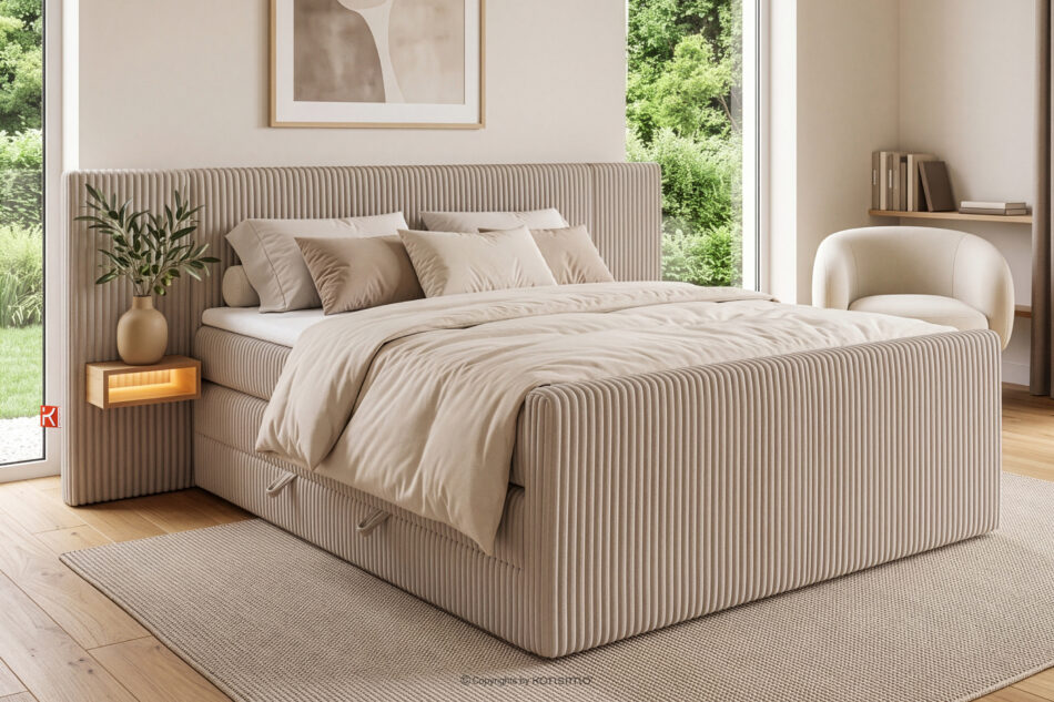 LILIUM PRO Łóżko kontynentalne z szafkami nocnymi LED średniotwarde 180 cm podwójny materac + topper HR tkanina sztruks taupe taupe - zdjęcie 21