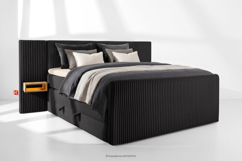 LILIUM PRO Łóżko kontynentalne z szafkami nocnymi LED średniotwarde 180 cm podwójny materac + topper Visco tkanina sztruks czarny czarny - zdjęcie 1
