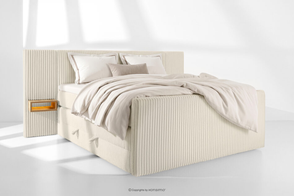 LILIUM PRO Łóżko kontynentalne z szafkami nocnymi LED średniotwarde 180 cm podwójny materac + topper Visco tkanina sztruks biały/ecru biały/ecru - zdjęcie 1