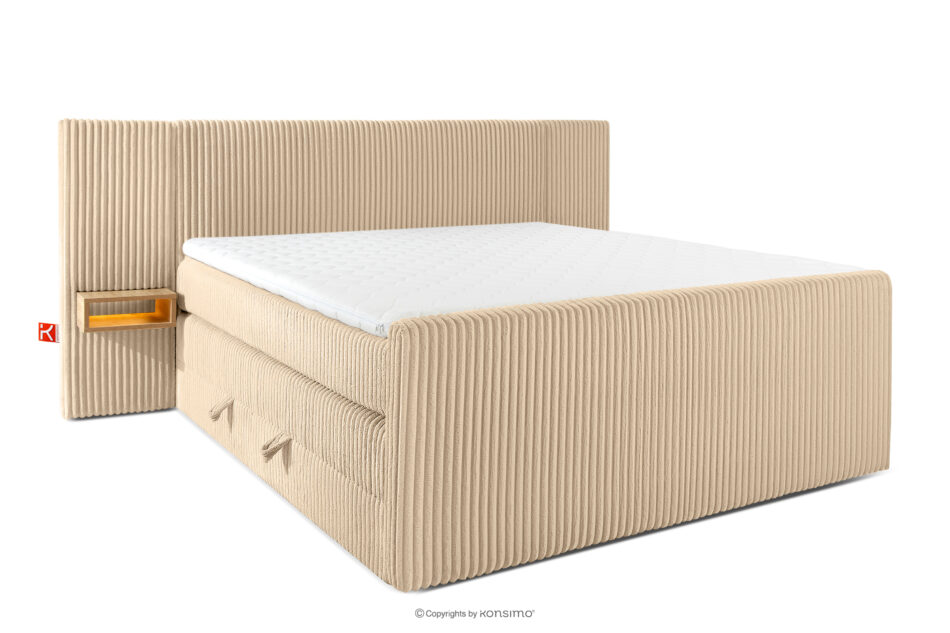 LILIUM PRO Łóżko kontynentalne z szafkami nocnymi LED średniotwarde 180 cm podwójny materac + topper Visco tkanina sztruks piaskowy piaskowy - zdjęcie 0