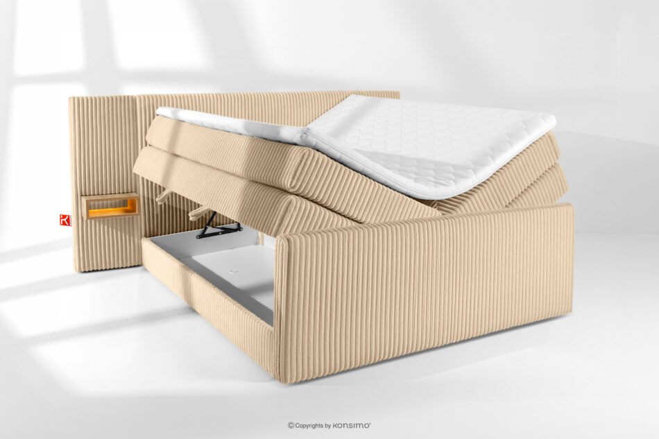 LILIUM PRO Łóżko kontynentalne z szafkami nocnymi LED średniotwarde 180 cm podwójny materac + topper Visco tkanina sztruks piaskowy piaskowy - zdjęcie 8