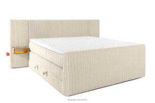 LILIUM PRO, https://konsimo.pl/kolekcja/lilium-pro/ Łóżko kontynentalne z szafkami nocnymi LED średniotwarde 180 cm podwójny materac + topper Visco tkanina sztruks beżowy beżowy - zdjęcie