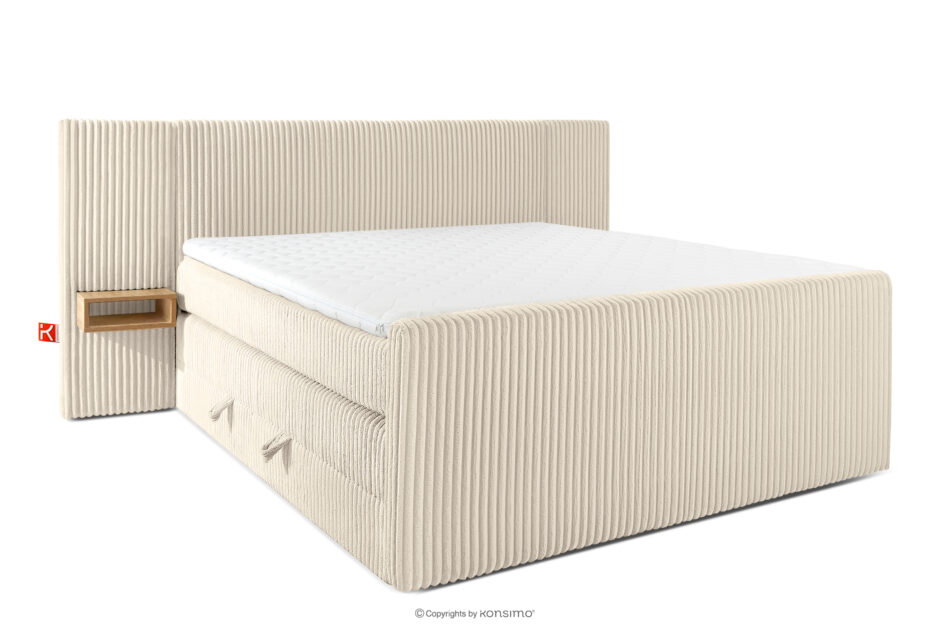 LILIUM PRO Łóżko kontynentalne z szafkami nocnymi LED średniotwarde 180 cm podwójny materac + topper Visco tkanina sztruks beżowy beżowy - zdjęcie 2