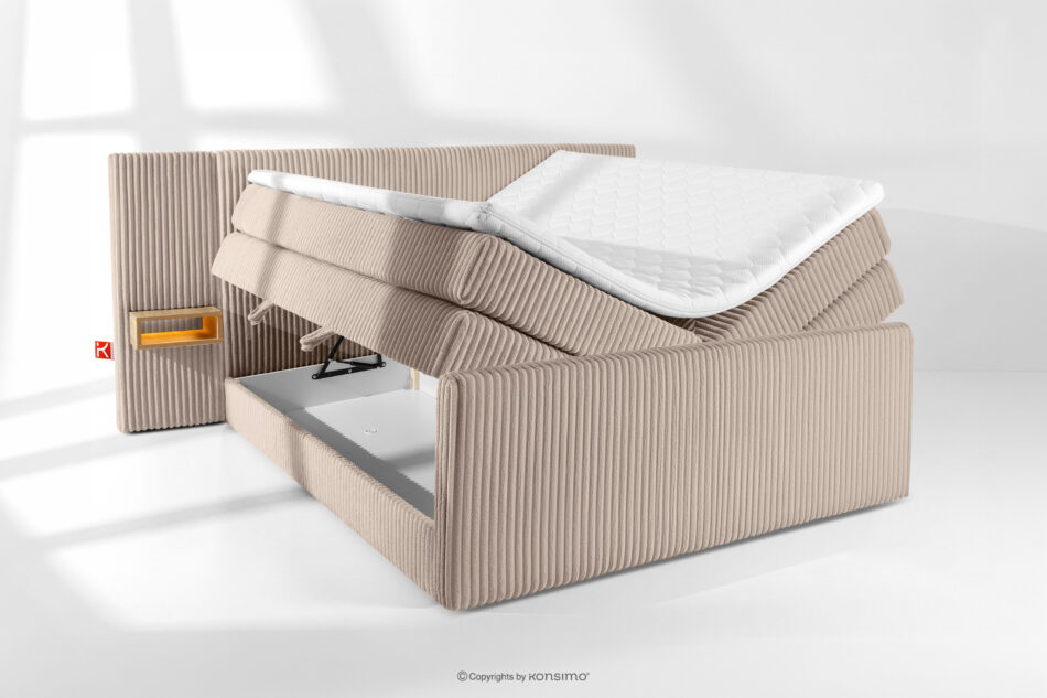 LILIUM PRO Łóżko kontynentalne z szafkami nocnymi LED średniotwarde 180 cm podwójny materac + topper Visco tkanina sztruks taupe taupe - zdjęcie 8