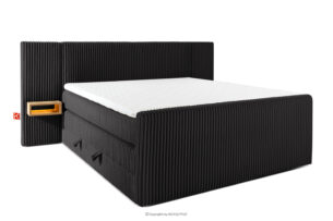 LILIUM PRO, https://konsimo.pl/kolekcja/lilium-pro/ Łóżko kontynentalne z szafkami nocnymi LED twarde 180 cm podwójny materac + topper HR tkanina sztruks czarny czarny - zdjęcie