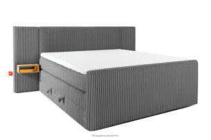 LILIUM PRO, https://konsimo.pl/kolekcja/lilium-pro/ Łóżko kontynentalne z szafkami nocnymi LED twarde 180 cm podwójny materac + topper HR tkanina sztruks szary szary - zdjęcie
