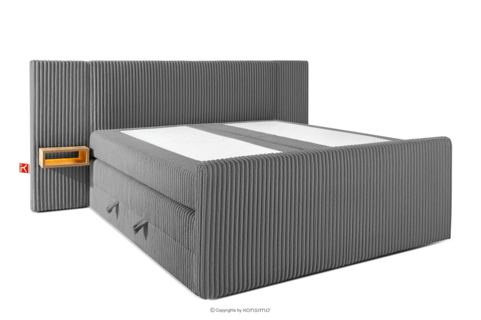LILIUM PRO Łóżko kontynentalne z szafkami nocnymi LED twarde 180 cm podwójny materac + topper HR tkanina sztruks szary szary - zdjęcie 3