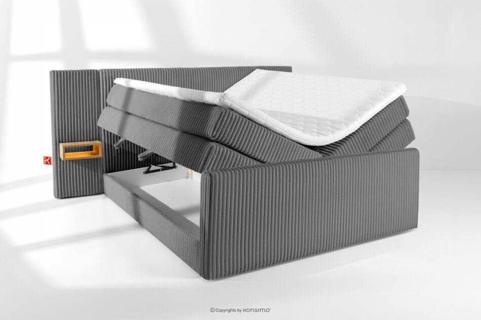 LILIUM PRO Łóżko kontynentalne z szafkami nocnymi LED twarde 180 cm podwójny materac + topper HR tkanina sztruks szary szary - zdjęcie 8