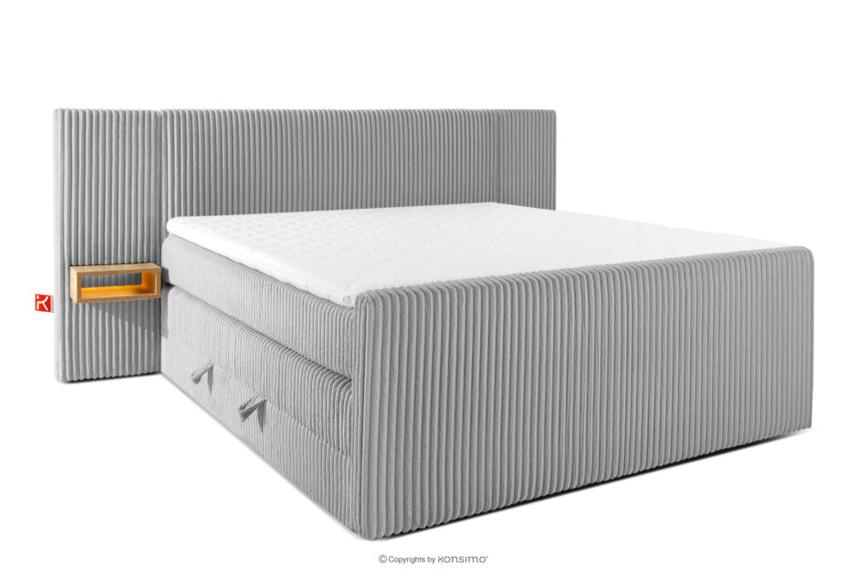 LILIUM PRO Łóżko kontynentalne z szafkami nocnymi LED twarde 180 cm podwójny materac + topper HR tkanina sztruks jasny szary jasny szary - zdjęcie 0