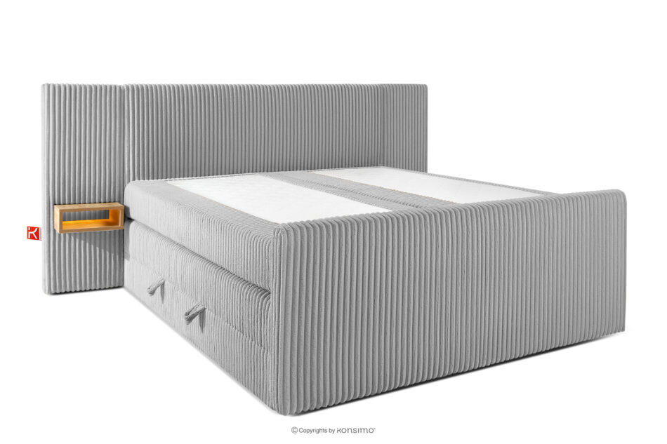 LILIUM PRO Łóżko kontynentalne z szafkami nocnymi LED twarde 180 cm podwójny materac + topper HR tkanina sztruks jasny szary jasny szary - zdjęcie 3