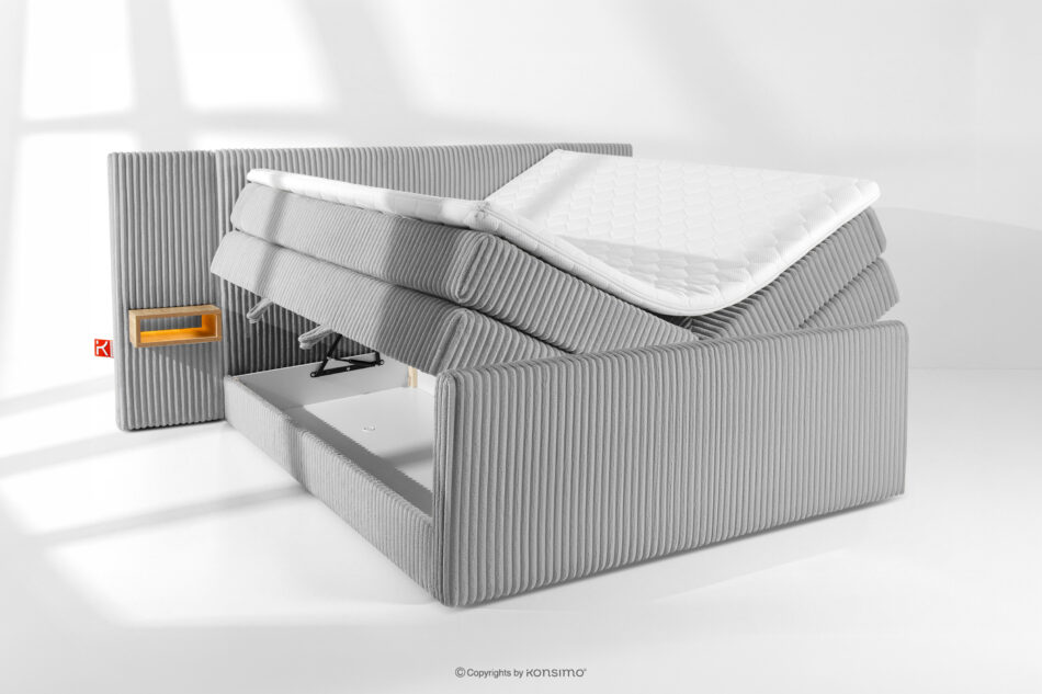 LILIUM PRO Łóżko kontynentalne z szafkami nocnymi LED twarde 180 cm podwójny materac + topper HR tkanina sztruks jasny szary jasny szary - zdjęcie 8