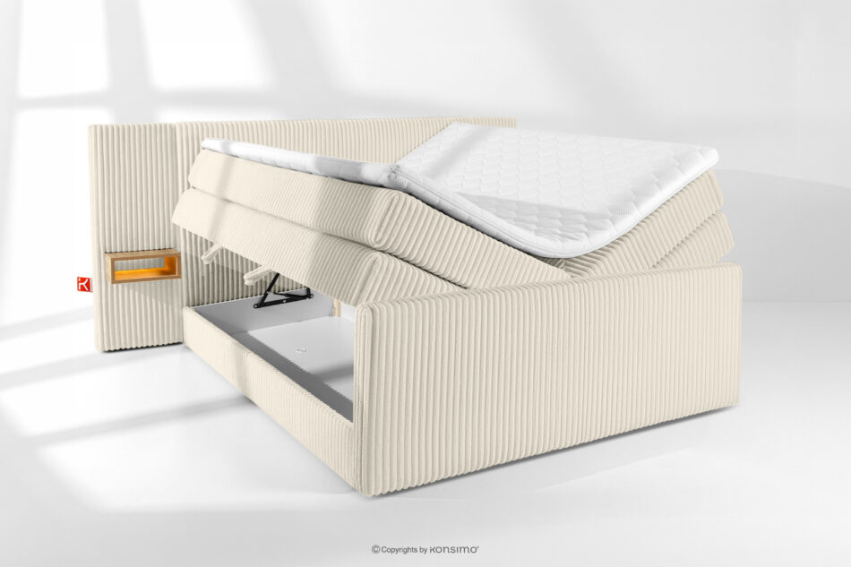 LILIUM PRO Łóżko kontynentalne z szafkami nocnymi LED twarde 180 cm podwójny materac + topper HR tkanina sztruks biały/ecru biały/ecru - zdjęcie 8