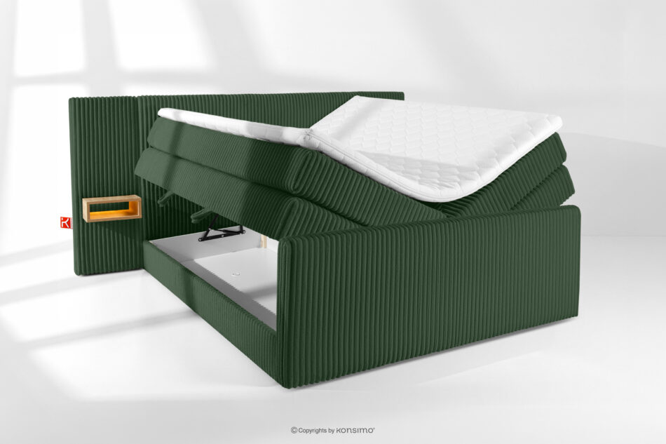 LILIUM PRO Łóżko kontynentalne z szafkami nocnymi LED twarde 180 cm podwójny materac + topper HR tkanina sztruks ciemny zielony ciemny zielony - zdjęcie 8