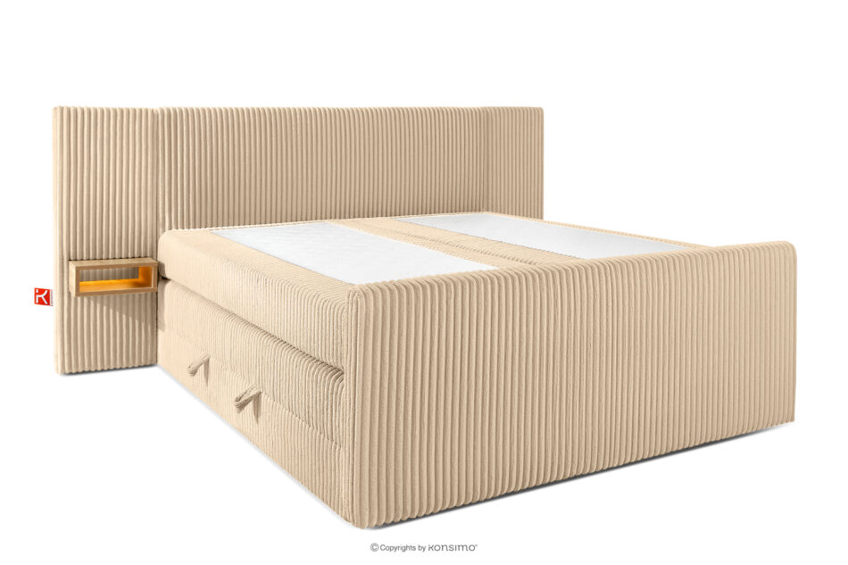 LILIUM PRO Łóżko kontynentalne z szafkami nocnymi LED twarde 180 cm podwójny materac + topper HR tkanina sztruks piaskowy piaskowy - zdjęcie 3