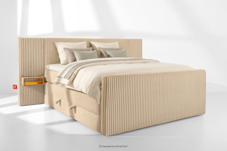 LILIUM PRO Łóżko kontynentalne z szafkami nocnymi LED twarde 180 cm podwójny materac + topper HR tkanina sztruks piaskowy piaskowy - zdjęcie 1