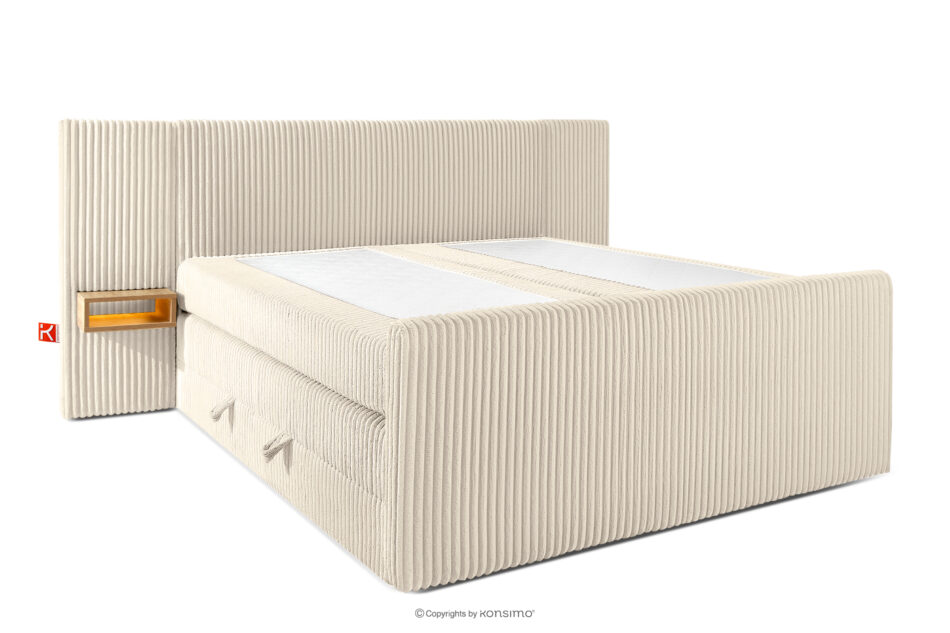 LILIUM PRO Łóżko kontynentalne z szafkami nocnymi LED twarde 180 cm podwójny materac + topper HR tkanina sztruks beżowy beżowy - zdjęcie 3