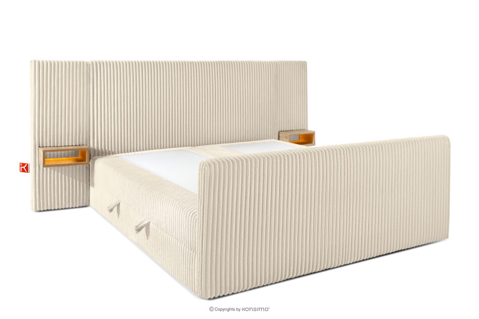 LILIUM PRO Łóżko kontynentalne z szafkami nocnymi LED twarde 180 cm podwójny materac + topper HR tkanina sztruks beżowy beżowy - zdjęcie 4