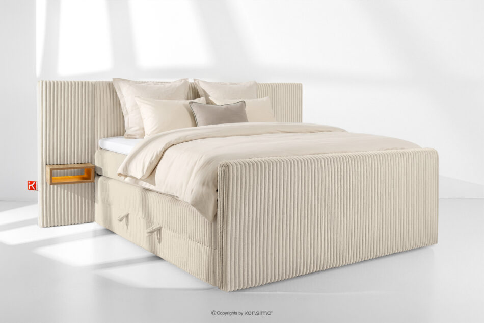 LILIUM PRO Łóżko kontynentalne z szafkami nocnymi LED twarde 180 cm podwójny materac + topper HR tkanina sztruks beżowy beżowy - zdjęcie 1
