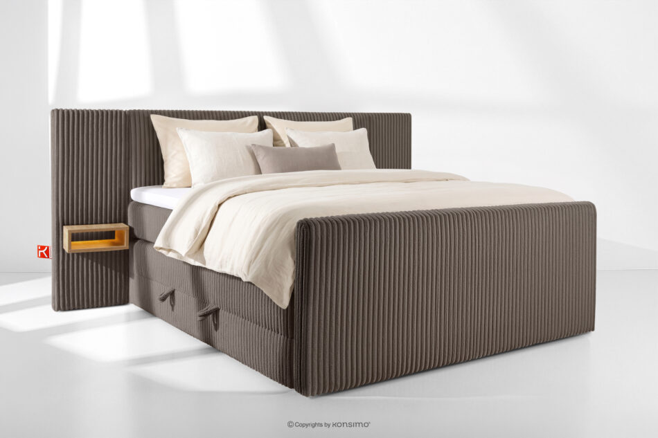 LILIUM PRO Łóżko kontynentalne z szafkami nocnymi LED twarde 180 cm podwójny materac + topper HR tkanina sztruks brązowy brązowy - zdjęcie 1