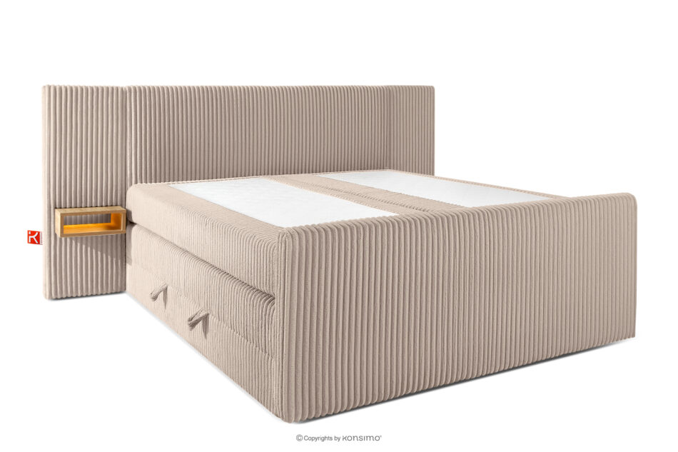 LILIUM PRO Łóżko kontynentalne z szafkami nocnymi LED twarde 180 cm podwójny materac + topper HR tkanina sztruks taupe taupe - zdjęcie 3