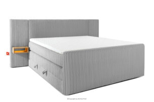 LILIUM PRO, https://konsimo.pl/kolekcja/lilium-pro/ Łóżko kontynentalne z szafkami nocnymi LED twarde 180 cm podwójny materac + topper Visco tkanina sztruks jasny szary jasny szary - zdjęcie