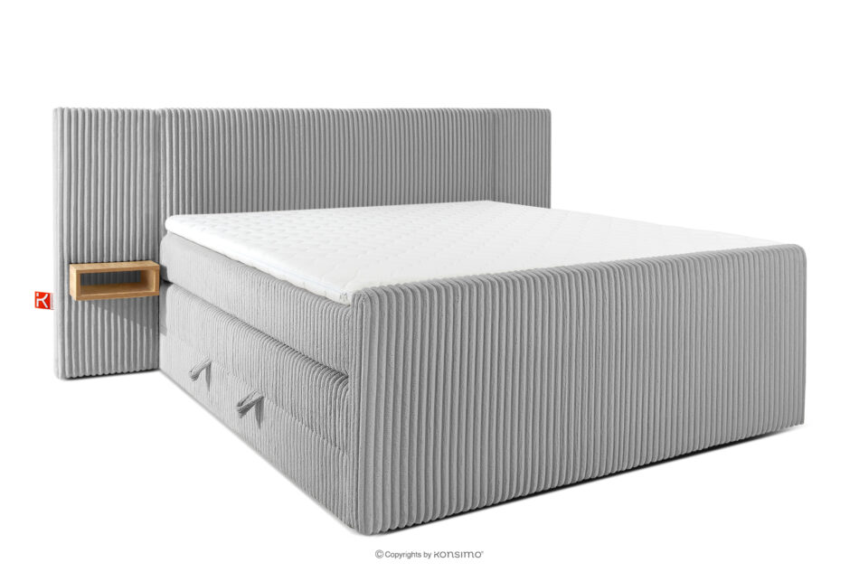 LILIUM PRO Łóżko kontynentalne z szafkami nocnymi LED twarde 180 cm podwójny materac + topper Visco tkanina sztruks jasny szary jasny szary - zdjęcie 2
