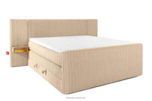 LILIUM PRO, https://konsimo.pl/kolekcja/lilium-pro/ Łóżko kontynentalne z szafkami nocnymi LED twarde 180 cm podwójny materac + topper Visco tkanina sztruks piaskowy piaskowy - zdjęcie